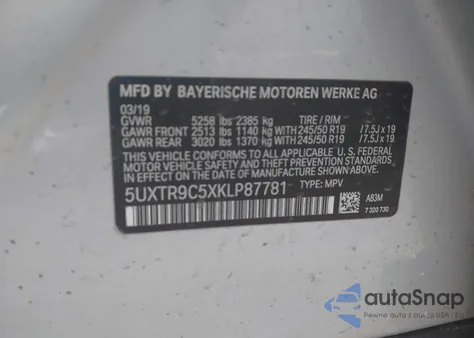 2019 BMW X3 xDrive30I z USA, uszkodzony, nr VIN 5UXTR9C5XKLP87781